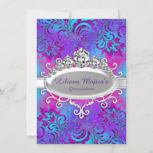 Purple Blue Tiara & Glitter Floral Quinceanera Invitation