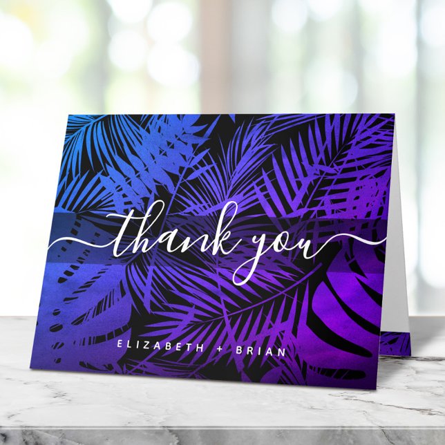 Purple blue tropical palm leaf pattern script name thank you card (Creator Uploaded)