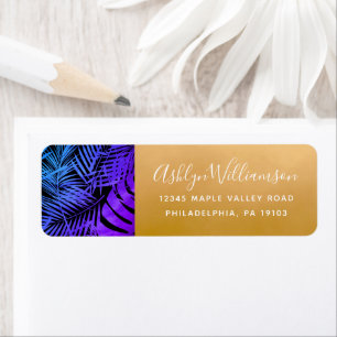 Purple blue tropical palm leaf script gold address