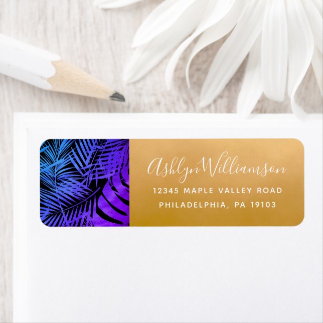 Purple blue tropical palm leaf script gold address (Insitu)