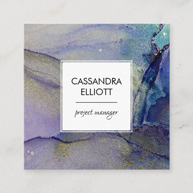 Purple Blue Turquoise & Gold Abstract Liquid Art Square Business Card (Front)