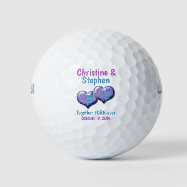 Purple Blue Two Hearts Joined Wedding Favour Golf Balls (Front)
