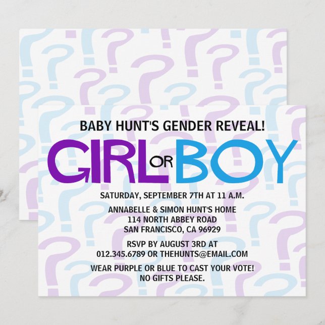 Purple & Blue Typography Gender Reveal Party Invitation (Front/Back)