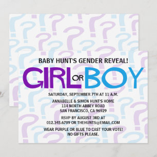 Purple & Blue Typography Gender Reveal Party Invitation