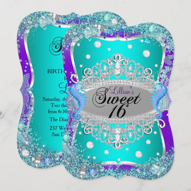Purple Blue Under The Sea Tiara Sweet 16 Invite (Front/Back)