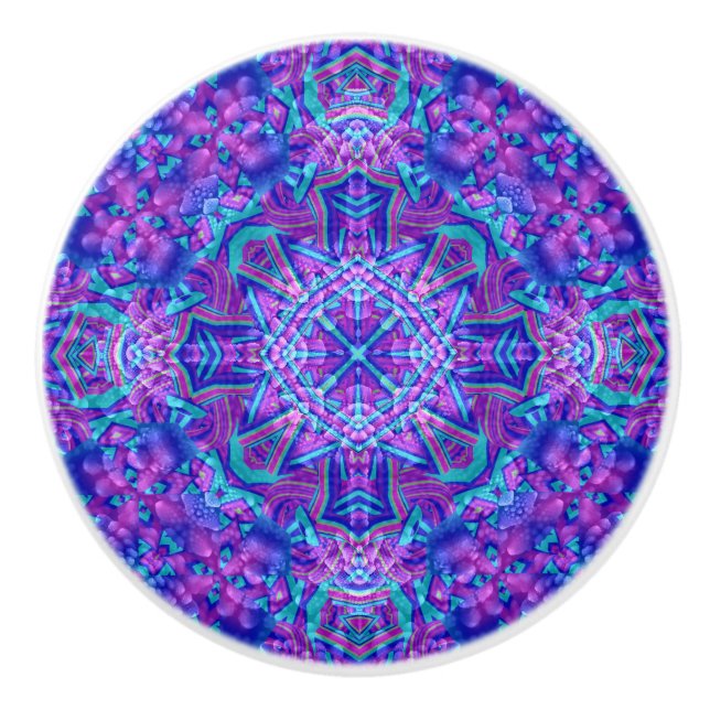 Purple & Blue Vintage Fractal Kaleidoscope Ceramic Knob (Front)