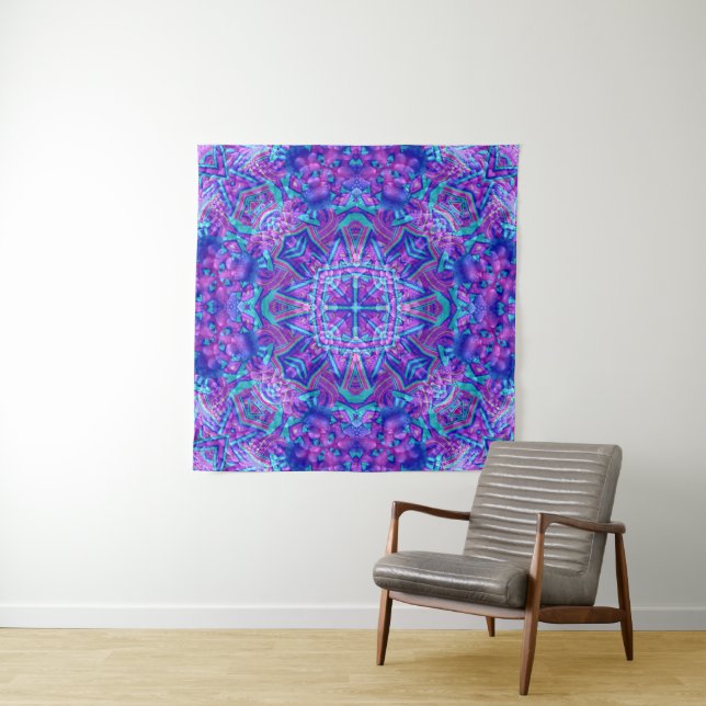 Purple & Blue Vintage Fractal Kaleidoscope Tapestry (In Situ)