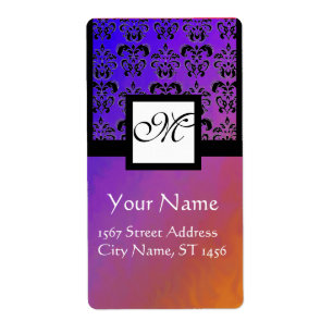 PURPLE BLUE VIOLET BLACK DAMASK, SQUARE MONOGRAM