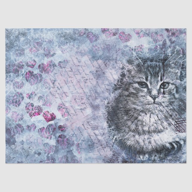 Purple Blue Watercolor Cat Decoupage Tissue Paper (Front)