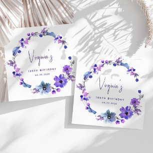 Purple Blue Watercolor Floral 100th Birthday Napkin