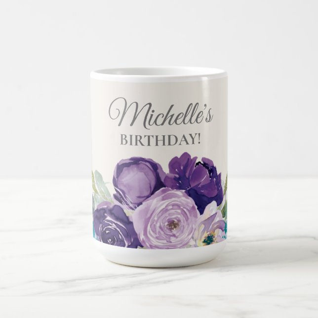 Purple Blue Watercolor Floral Birthday Favour Coffee Mug (Center)