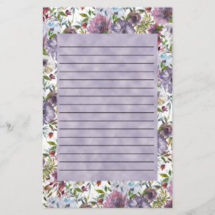 Purple Blue Watercolor Floral Lined Stationery