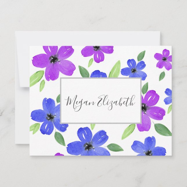 Purple & Blue Watercolor Floral Motif  Card (Front)