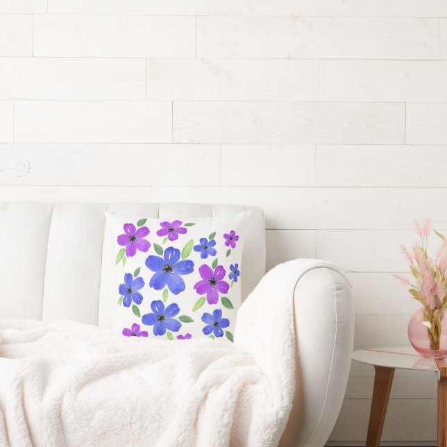 Purple & Blue Watercolor Floral Motif  Cushion (Couch)