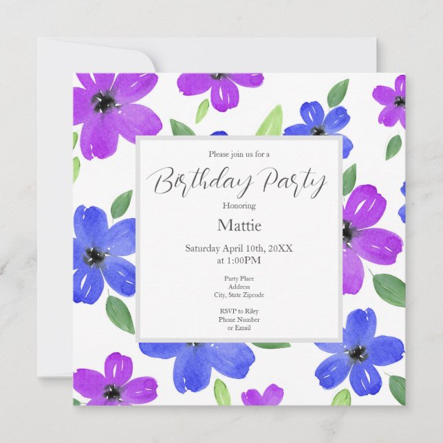 Purple & Blue Watercolor Floral Motif  Invitation (Front)