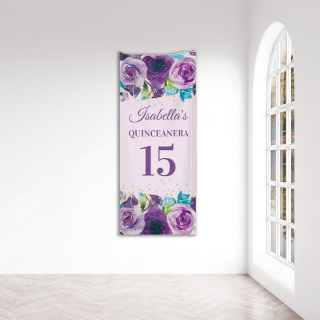 Purple Blue Watercolor Floral Quinceañera  Banner (Creator Uploaded)