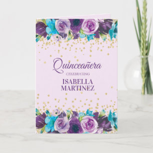 Purple Blue Watercolor Floral Quinceañera Photo Card