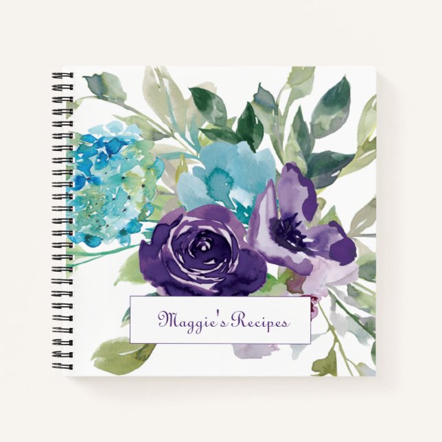 Purple Blue Watercolor Floral Recipe Notebook (Front)