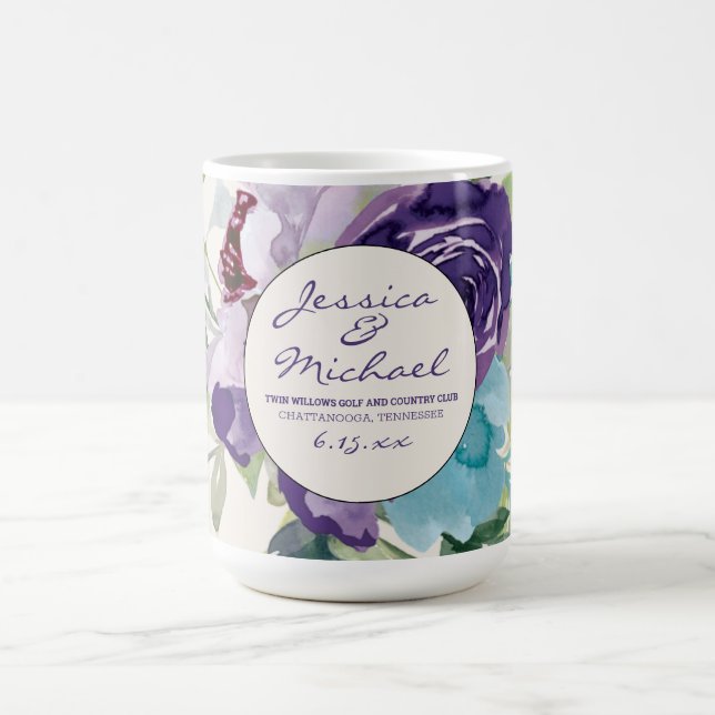 Purple Blue Watercolor Floral Wedding Favour Coffee Mug (Center)