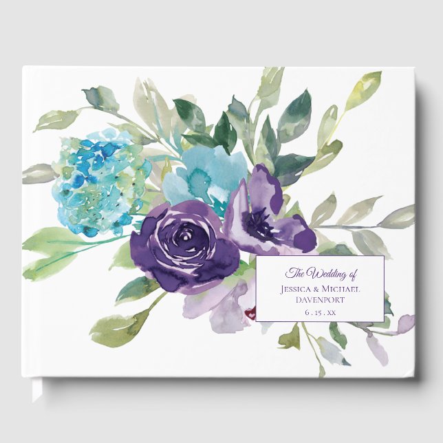 Purple Blue Watercolor Floral Wedding Guest Book (Front)