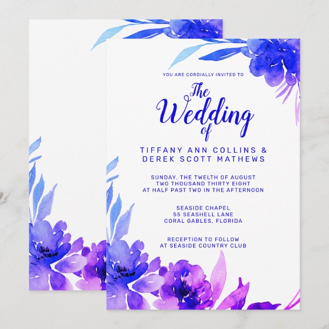Purple Blue Watercolor Floral Wedding Invitation (Front/Back)
