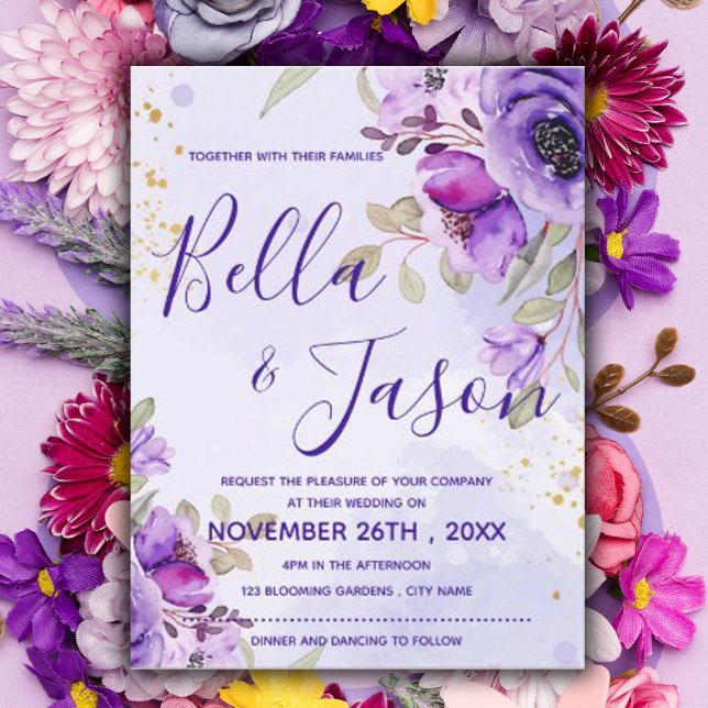 Purple Blue Watercolor Floral Wedding Invitation Postcard (Creator Uploaded)