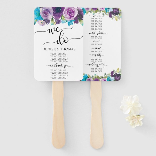 Purple Blue Watercolor Floral Wedding Program Hand Fan (Front and Back)