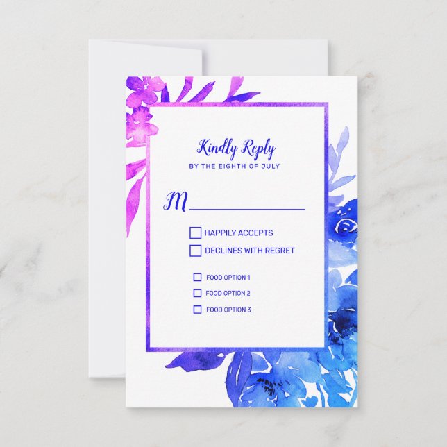Purple Blue Watercolor Floral Wedding RSVP Card (Front)