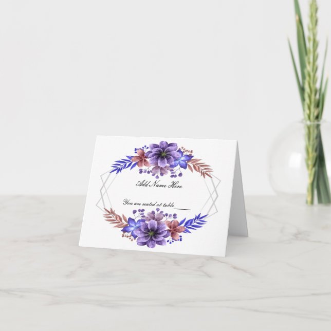 Purple & Blue Watercolor Floral Wedding Table Card (Front)