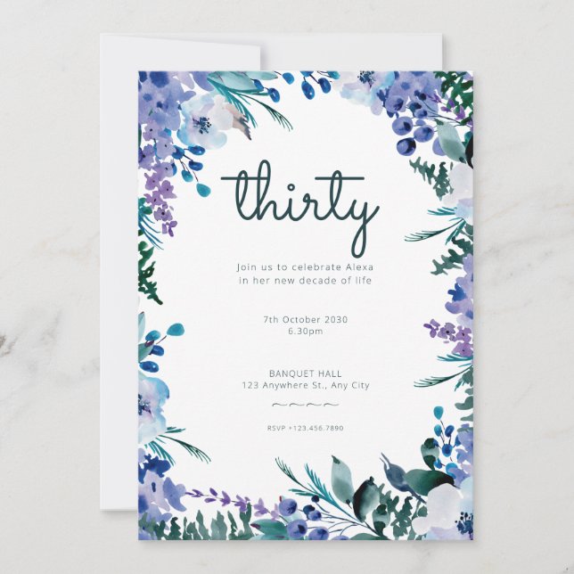 Purple Blue Watercolor Flowers 30th Birthday Invitation (Front)