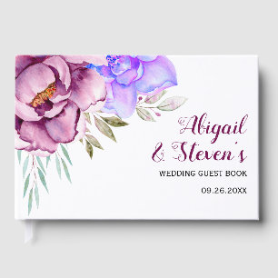 Purple, blue watercolor flowers floral wedding guest book