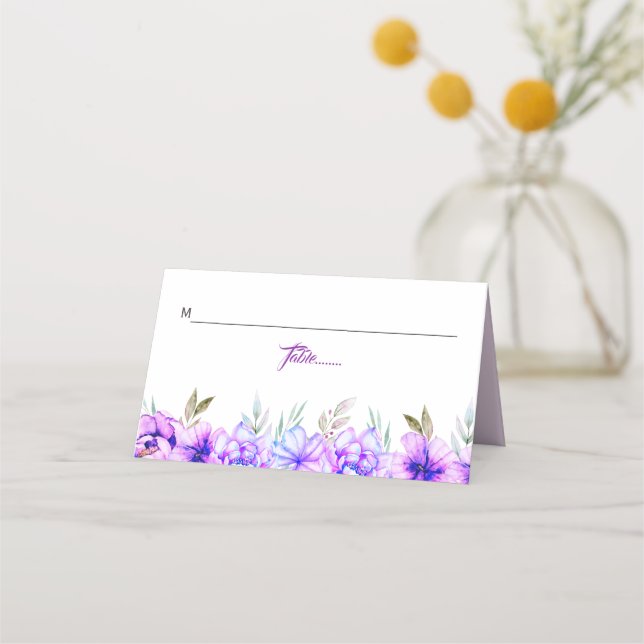 Purple, blue watercolor flowers floral wedding place card (Front)