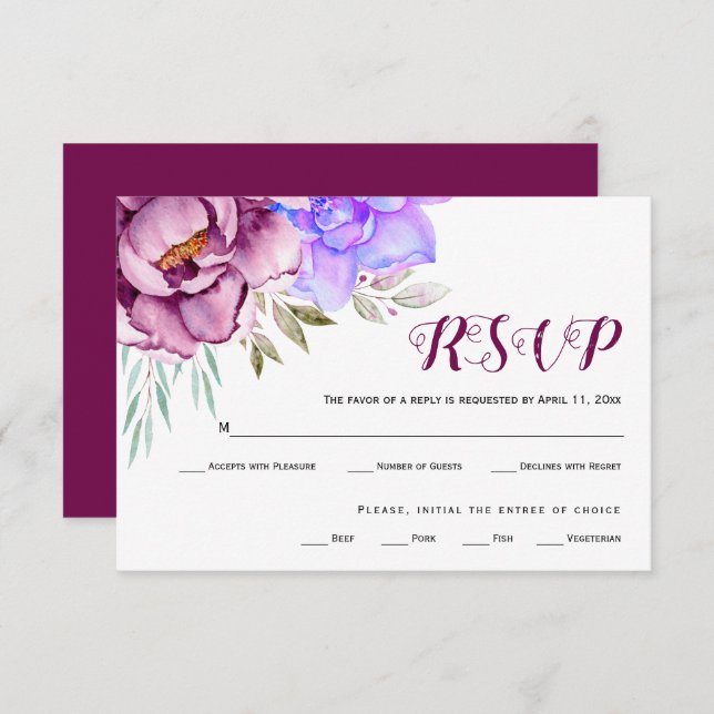 Purple, blue watercolor flowers floral wedding RSVP card (Front/Back)