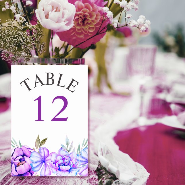 Purple, blue watercolor flowers floral wedding table number (Creator Uploaded)