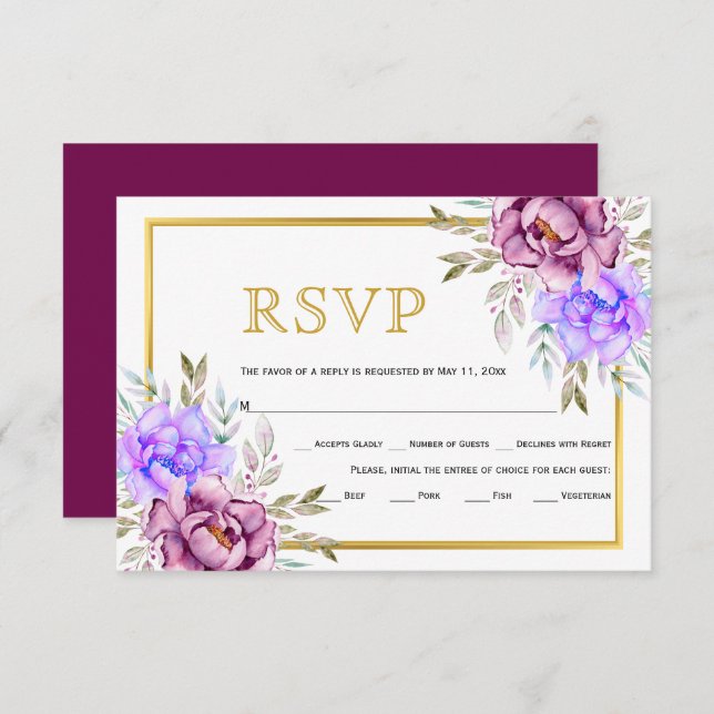 Purple blue watercolor flowers gold frame wedding  RSVP card (Front/Back)