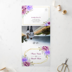 Purple, blue watercolor flowers with RSVP wedding  Tri-Fold Invitation