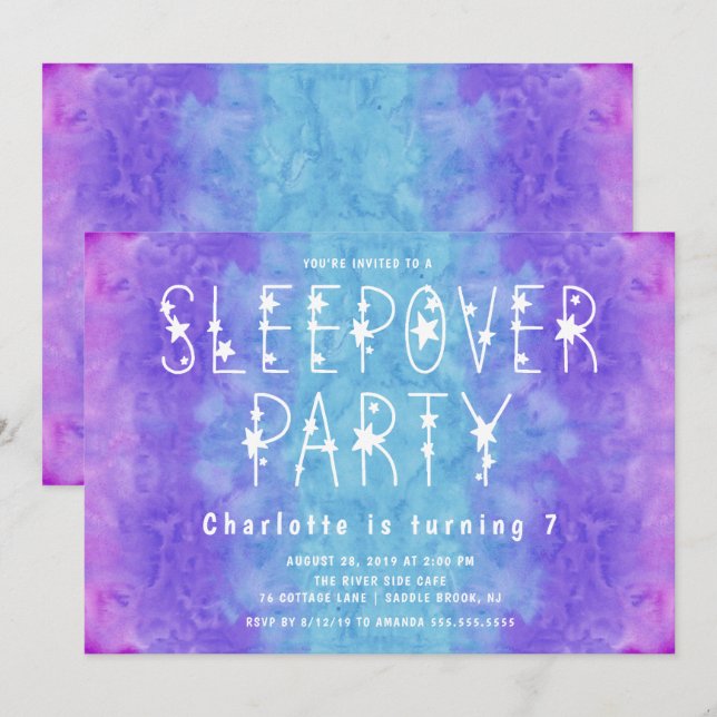 Purple Blue Watercolor Starry Girls Sleepover Invitation (Front/Back)