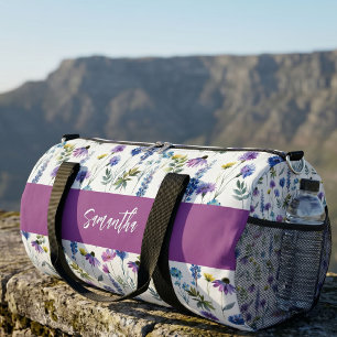 Purple Blue Watercolor Wildflower Monogram Duffle Bag