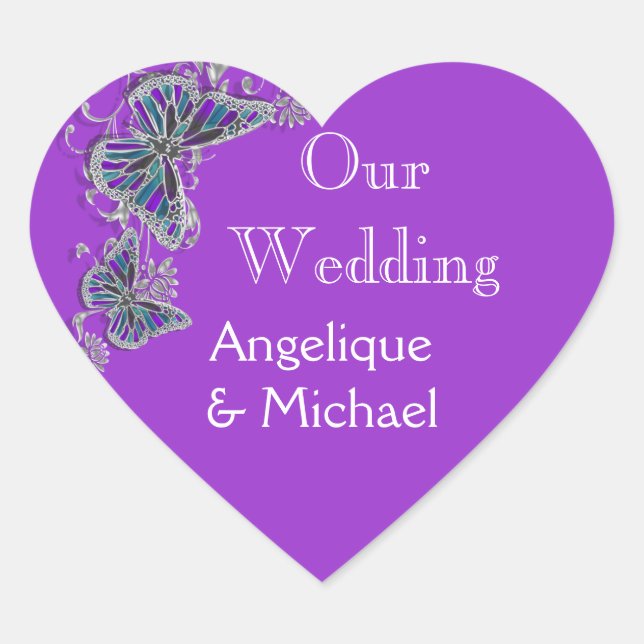 Purple blue wedding butterfly floral heart sticker (Front)