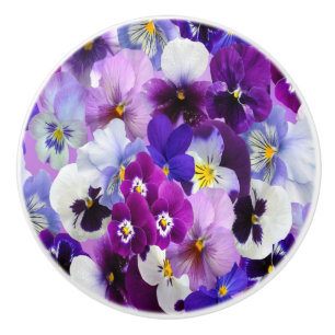 Purple Blue White Floral Pansy Flowers Ceramic Knob