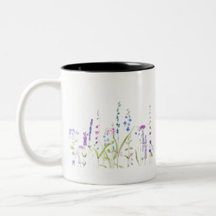 purple blue wild flowers watercolor painting Two-Tone coffee mug