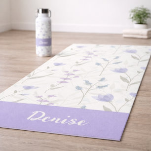 Purple Blue Wildflower Watercolor Custom Name Yoga Mat