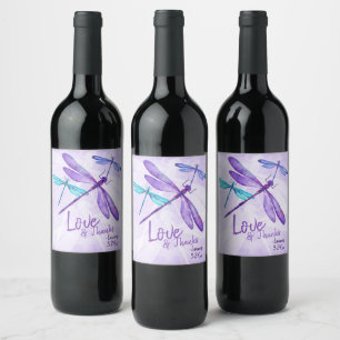 Purple, Blue Wine Label, Whimsical Dragonflies Wine Label