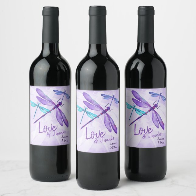 Purple, Blue Wine Label, Whimsical Dragonflies Wine Label (Bottles)