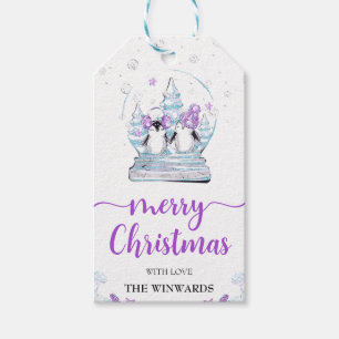 Purple & Blue Winter Penguins Snowglobe Christmas Gift Tags