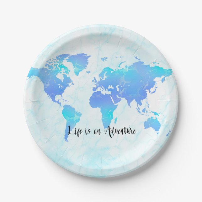 Purple & Blue World Map Life is an Adventure Party Paper Plate (Front)
