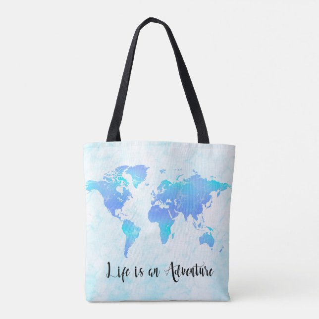 Purple & Blue World Map Life is an Adventure Tote Bag (Back)