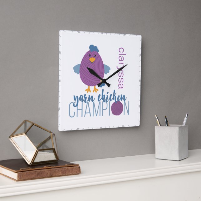 Purple & Blue Yarn Chicken Champion Square Wall Clock (Office)