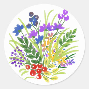 Purple Blue Yellow Watercolor Flowers Red Berry  Classic Round Sticker