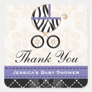 Purple Blue Zebra Baby Carriage Thank You Square Sticker
